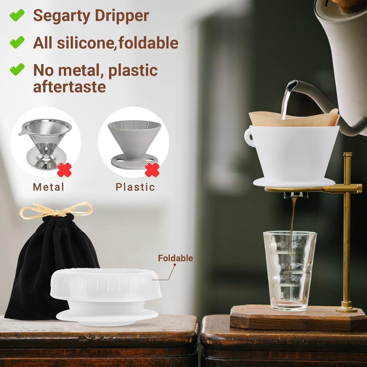 Segarty Camping Pour Over Coffee Maker, White Collapsible Silicone Coffee Dripper Single Cup with Storage Bag, Cone Filter Drip Holder, Slow Brewer for Travel, Backpacking