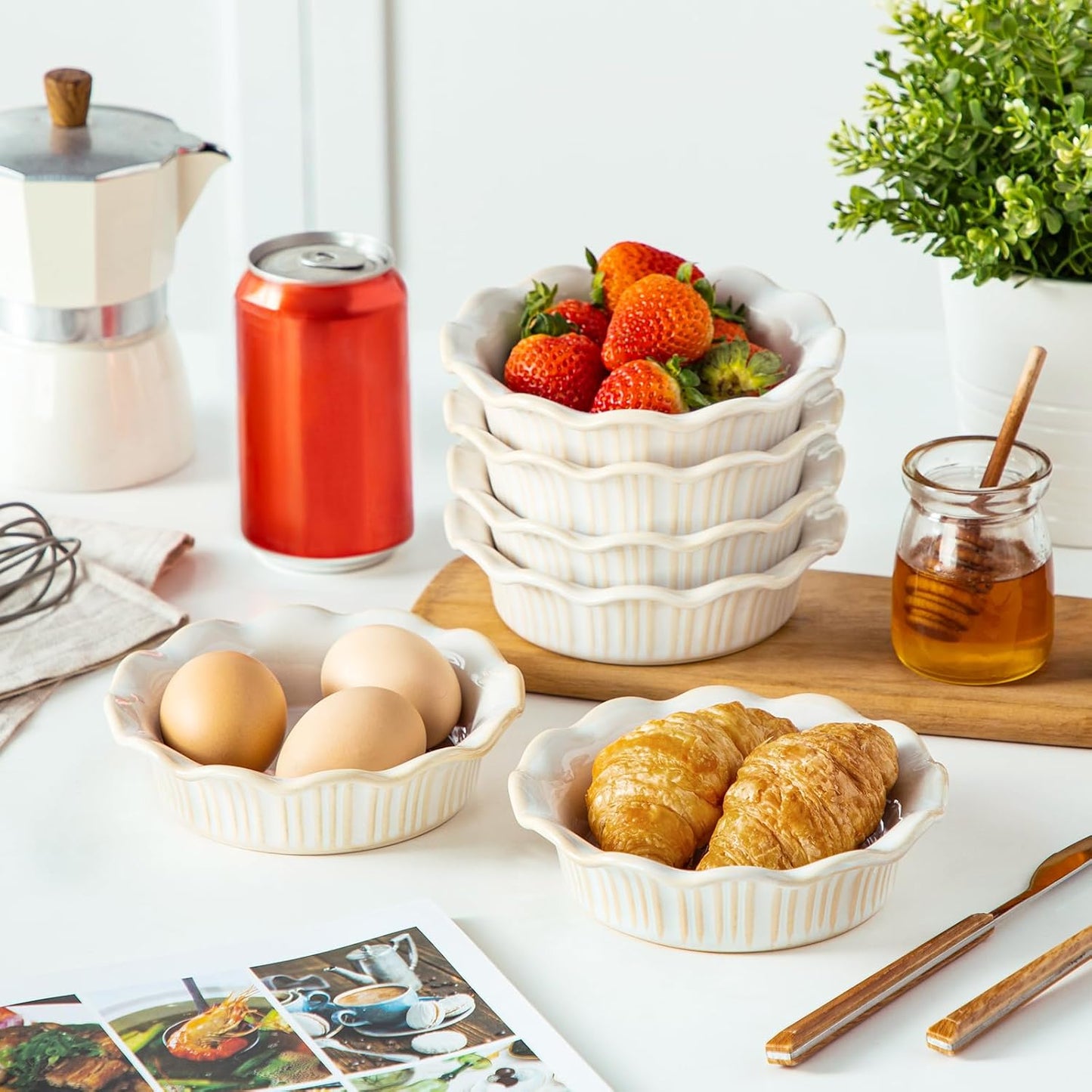 vancasso Mini Pie Pans Set of 6, 5.2 Inch Ceramic Deep Dish Pie Plates with Ruffled Edge for Baking, Microwave & Oven Safe, White