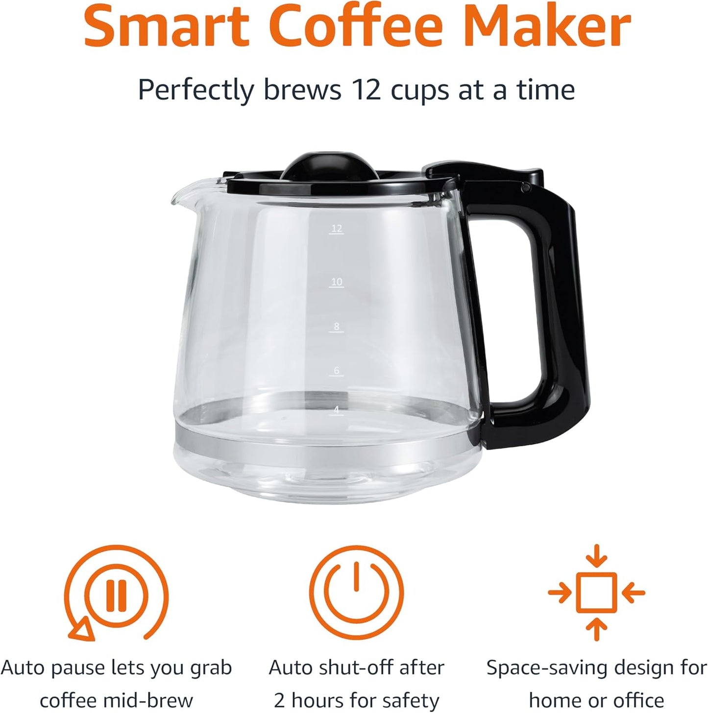 Amazon Basics Programmable 12 Cup Drip Coffee Maker, Coffee Machine with Glass Coffee Pot (1.9 Qt), Auto Shut-off, Touch Screen, Auto Pause, Removable Filter Basket, Black & Silver