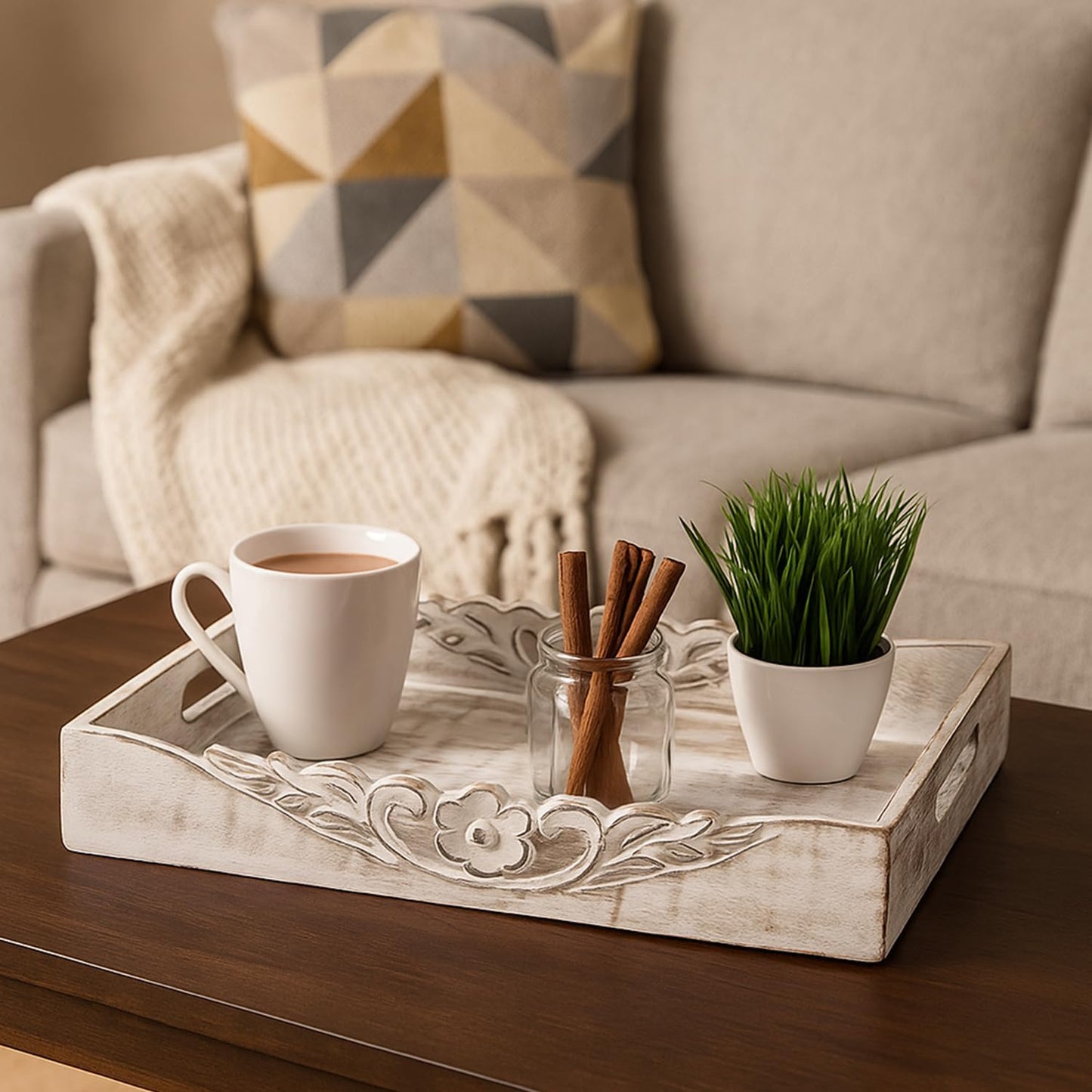 Mela Artisans Distressed White Wooden Decorative Tray with Handles | 16x12x2.5 Mango Wood Ottoman Tray | for Kitchen Countertop | Coffee Table | Snacks | Desserts | Breads | Bedroom Decor