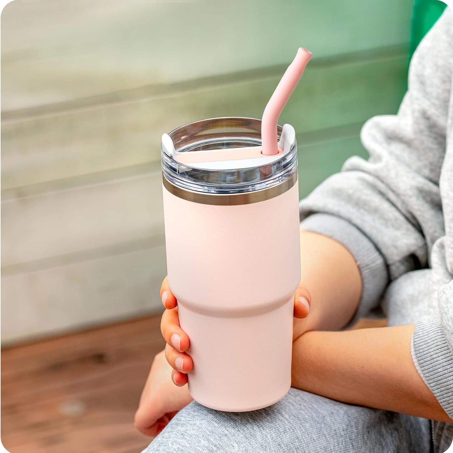 Snowfall 2 Pcs Replacement Metal Straws for Stanley 14 OZ, 20 OZ Tumbler, Stainless Steel Straws with Silicone Tip for 20 OZ Tumbler, Straw Brush (Light Pink)