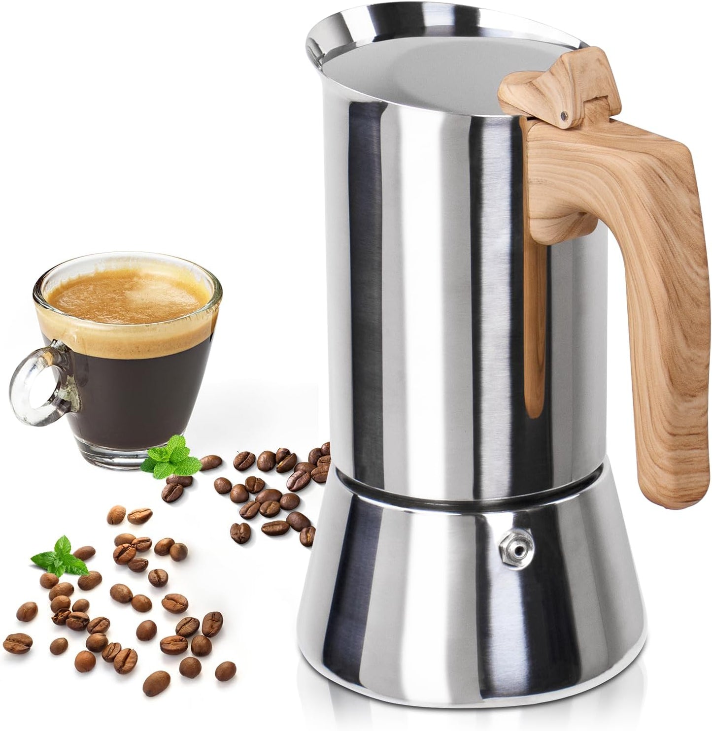 Uncoated 4 Cup Moka Pot 304 Thickened Stainless Steel Coffee Maker Stovetop Espresso Coffeemaker Italian Classic Style Brewing Greca Cafe Mocha Machine for Cafeteras Camping Travel Home 200ml 6.6oz