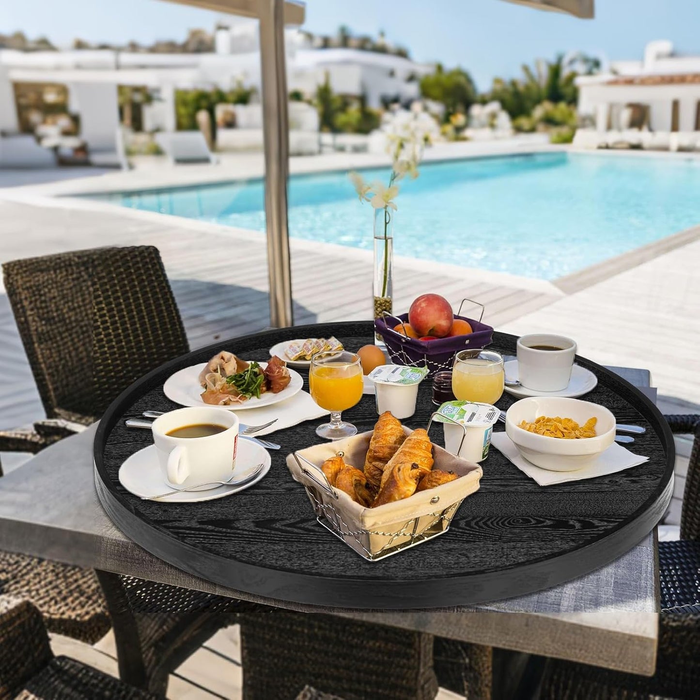 28 inch Round Solid Wood Serving Tray Extra Large Tea Coffee Snack Food Meals Serving Plate Non-Slip Kitchen Party Bar Server Ottoman Tray Breakfast Tray with Raised Edges Black