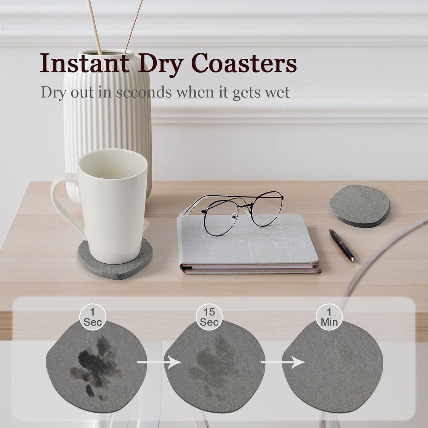 Instant Dry Stone Absorbent Diatomite Coaster Set of 6 for Drinks Wine Coffee, Modern Unique Cup Diatomaceous Earth Coasters for Coffee Table Office Desk, Deep Grey