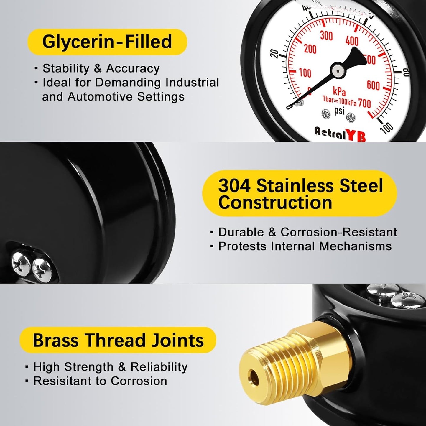 100 Psi Lead-Free 2.5 Inch Pressure Gauge Stainless Steel Case, Liquid Filled, 1.6% Accuracy,1/4" NPT Lower Mount, IP67 Waterproof for Portable Water,Pneumatic Air,RV Hose, Tank, Gas