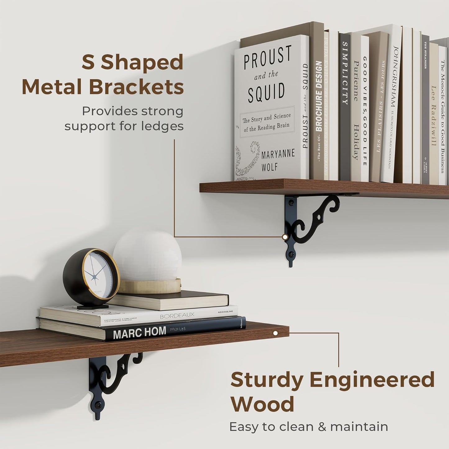 RICHFOCUS Floating Shelves for Wall Decor, 39.4W x 8D Wall Shelves Set of 2, 8 Inch Deep Rustic Wood Shelves Wall Mounted with Brackets, Long Floating Shelves for Living Room Bedroom Kitchen, Walnut