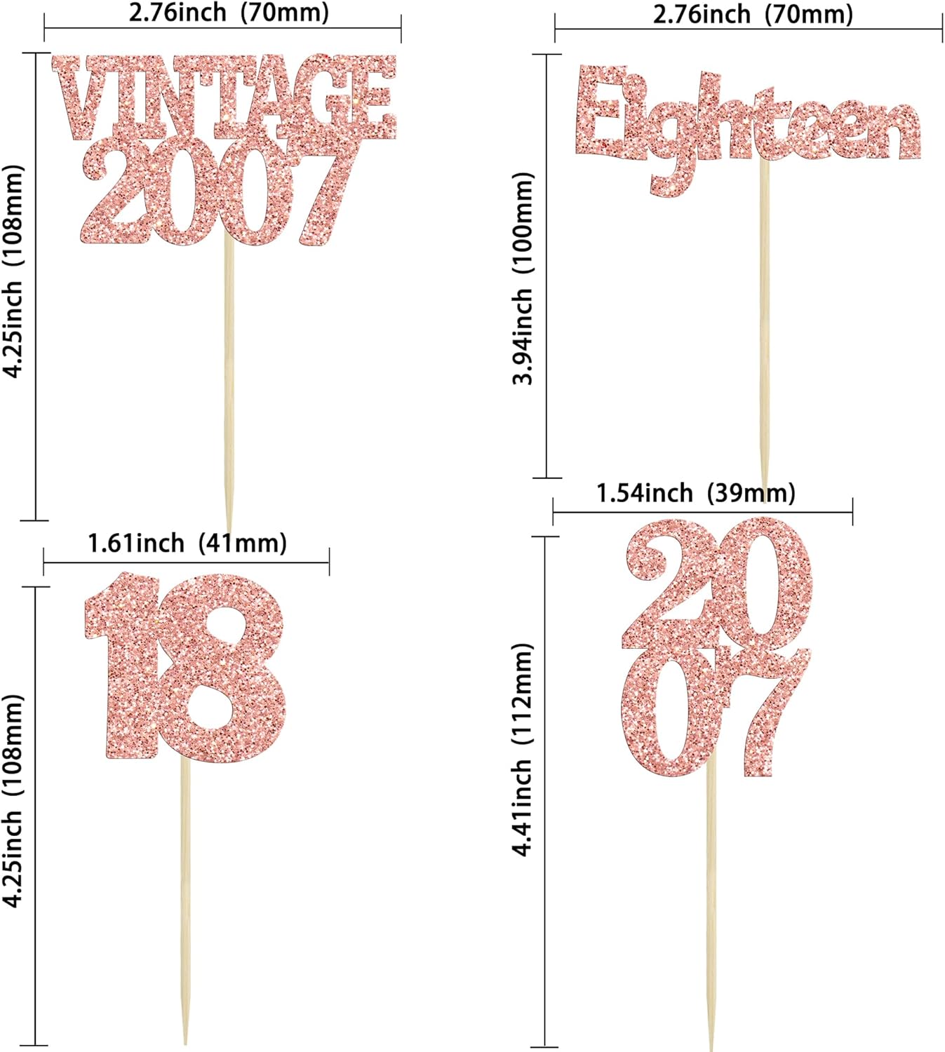 Gyufise 24Pcs 18th Birthday Cupcake Toppers Glitter Eighteen Vintage 2007 Hello 18 Years Birthday Cupcake Picks Adultish 18 Cake Decoration for Happy 18th Birthday Anniversary Party Supplies Rose Gold