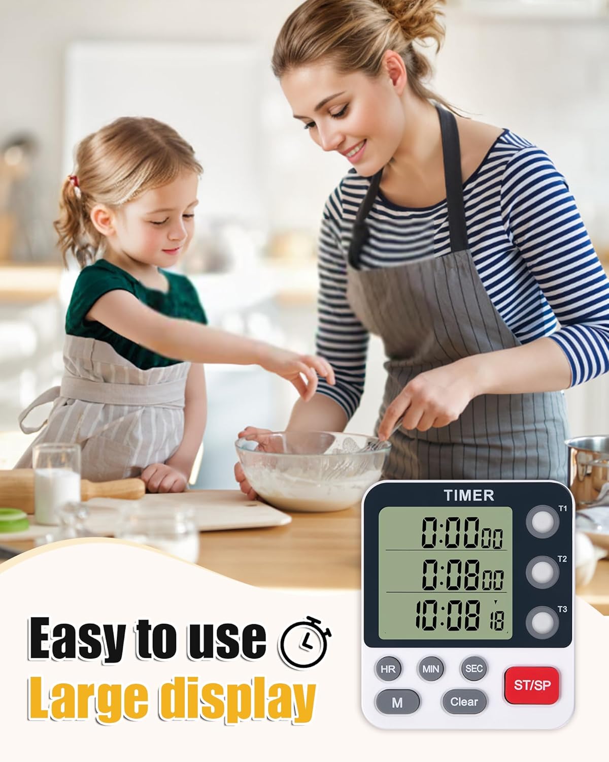 Dual Kitchen Timer Digital - 3 Channel for Cooking with Alarm, Large Display, Magnetic Back, Replaceable 3A Battery, Loud Food Timer, Modern White Design for Multi Timing Needs