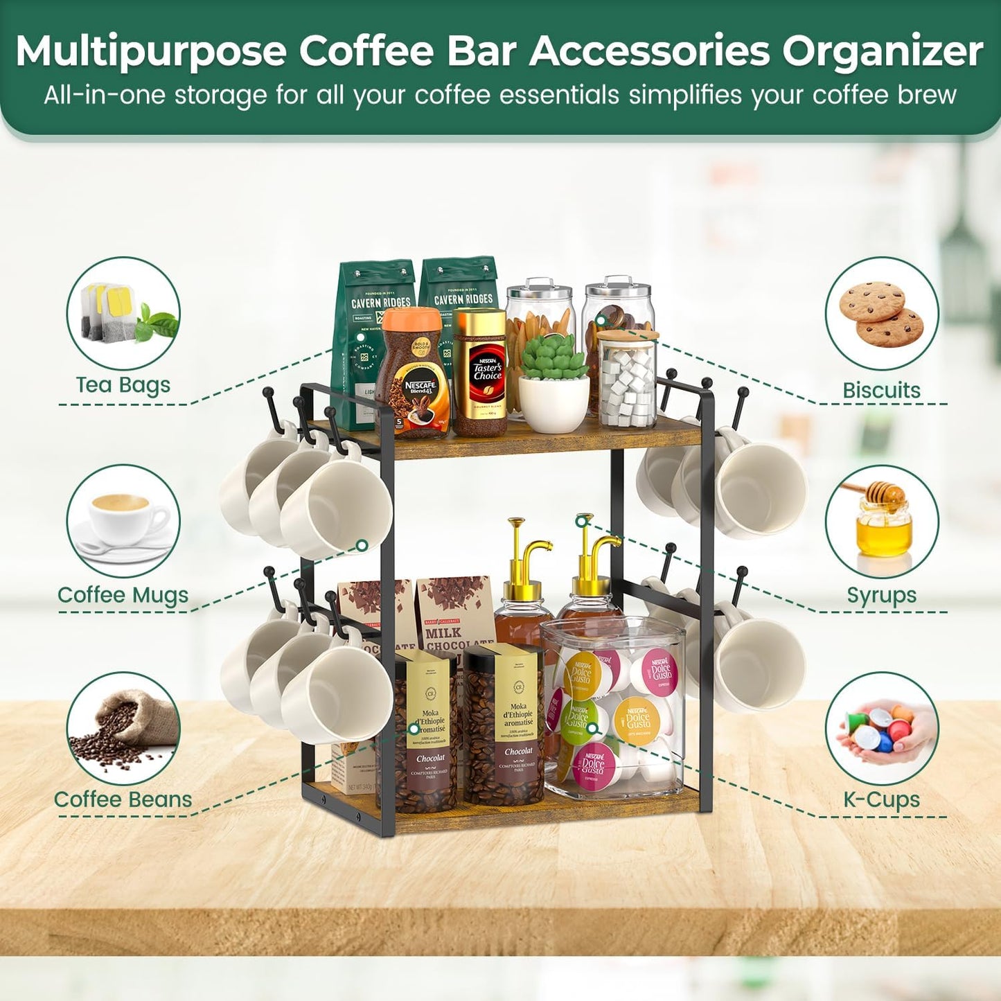 EsLuker.ly Coffee Station Bar Organizer Mug Holder Stand Countertop, 2 Tier Mug Cup Tree Rack for Kitchen Office, Storage Shelf with 12 Hooks, Creat Stylish Coffee Corner