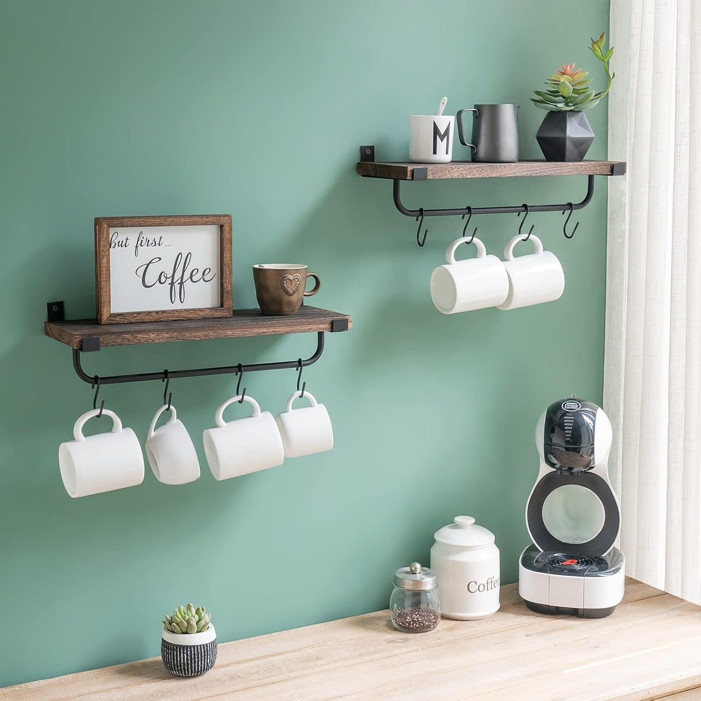 Mkono Mug Holder Wall Mounted Coffee Mug Rack Set of 2 Rustic Floating Shelf for Coffee Bar Accessories Wood Tea Cup Hooks Hanger for Organizing Cooking Utensils, Home Kitchen Decor, Brown