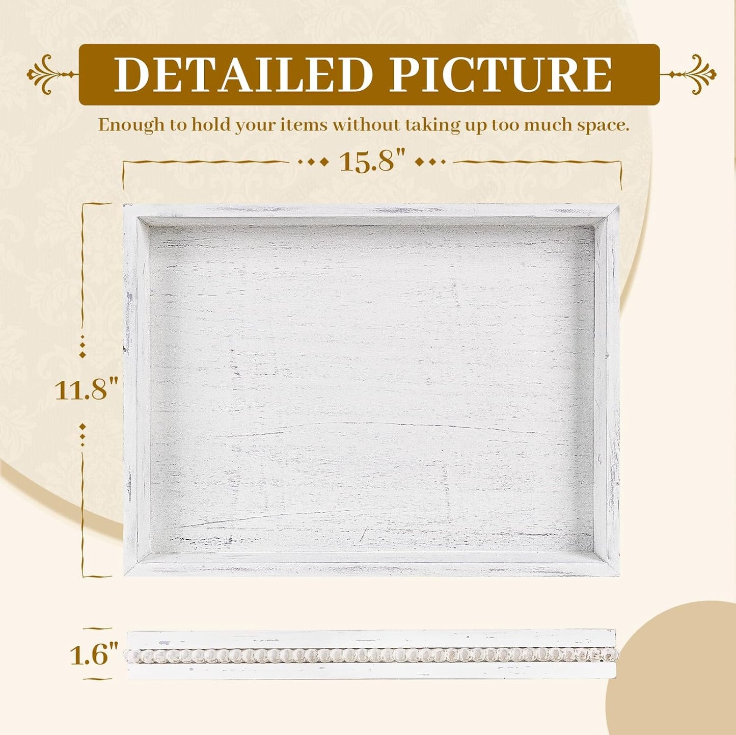 MAONAME Wood Serving Tray, Farmhouse Wooden Tray for Coffee Table, Rustic Rectangle Trays with Beads, Vintage White Decorative Trays for Living Room, Kitchen, 15.7" X 11.8" X 1.57"
