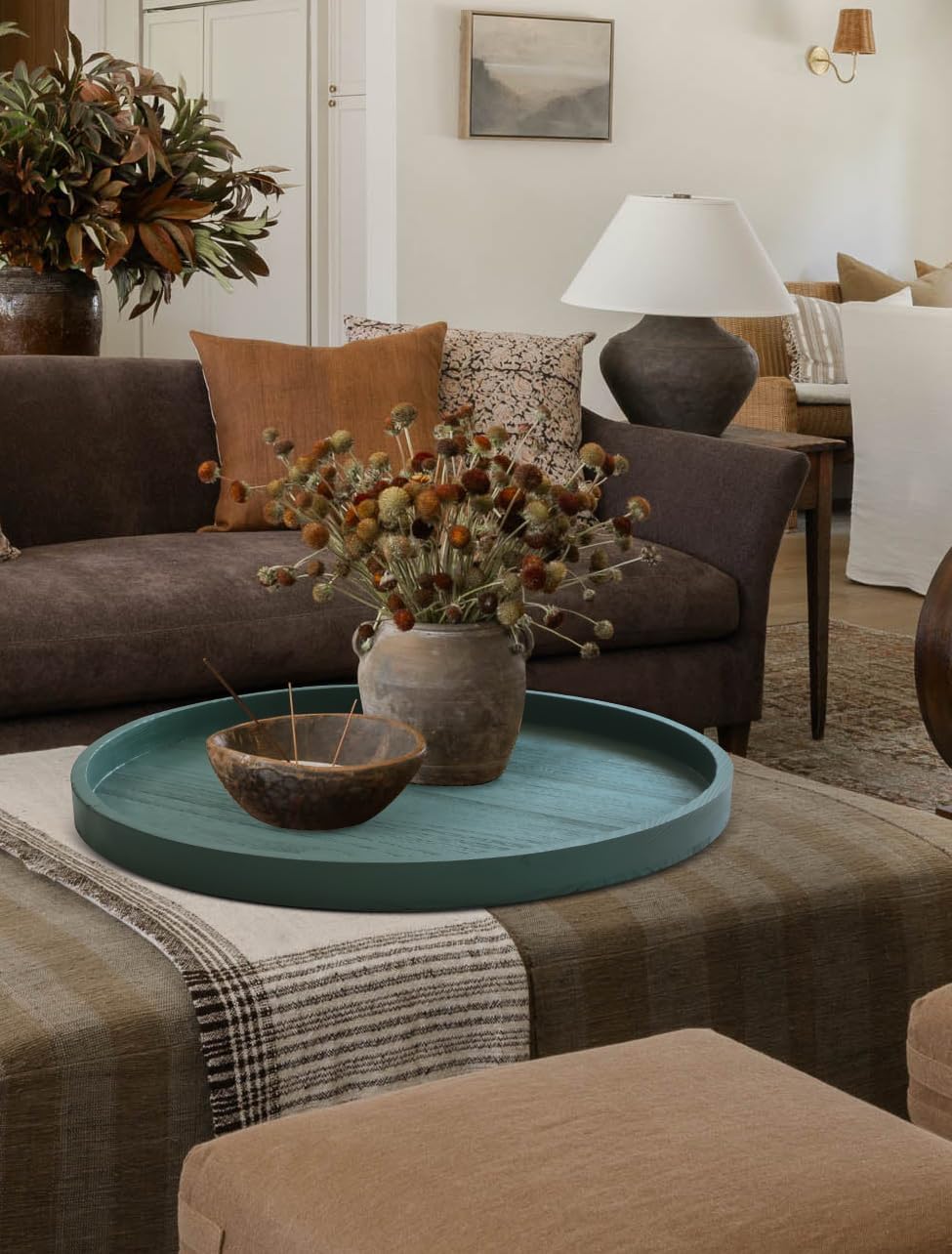 Round Ottoman Table Tray Round-24 - Rustic Wooden Serving Tray for Farmhouse Decorative Oversized Coffee Table Trays Living Room Kitchen Counter Breakfast Green