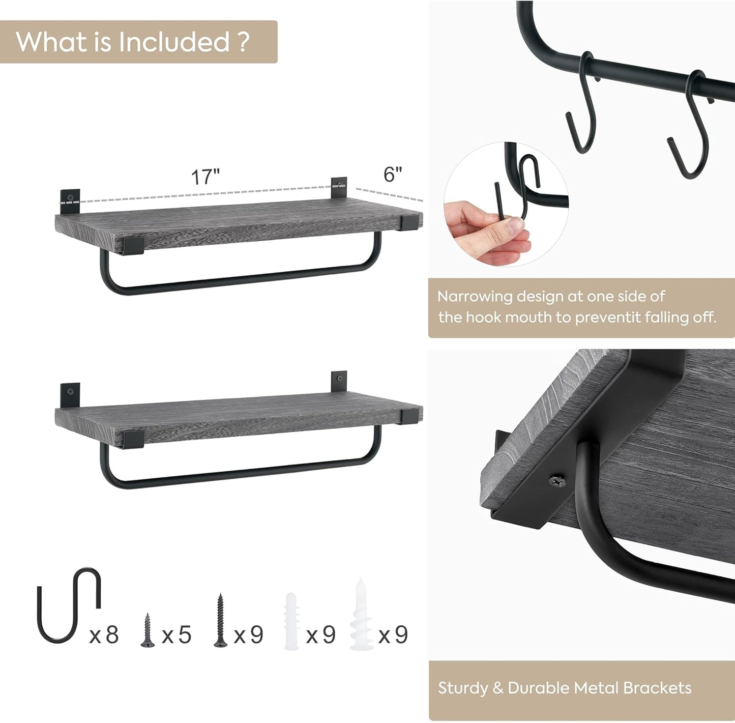 Mkono Mug Holder Wall Mounted Coffee Mug Rack Set of 2 Rustic Floating Shelf for Coffee Bar Accessories Wood Tea Cup Hooks Hanger for Organizing Cooking Utensils, Home Kitchen Decor, Grey