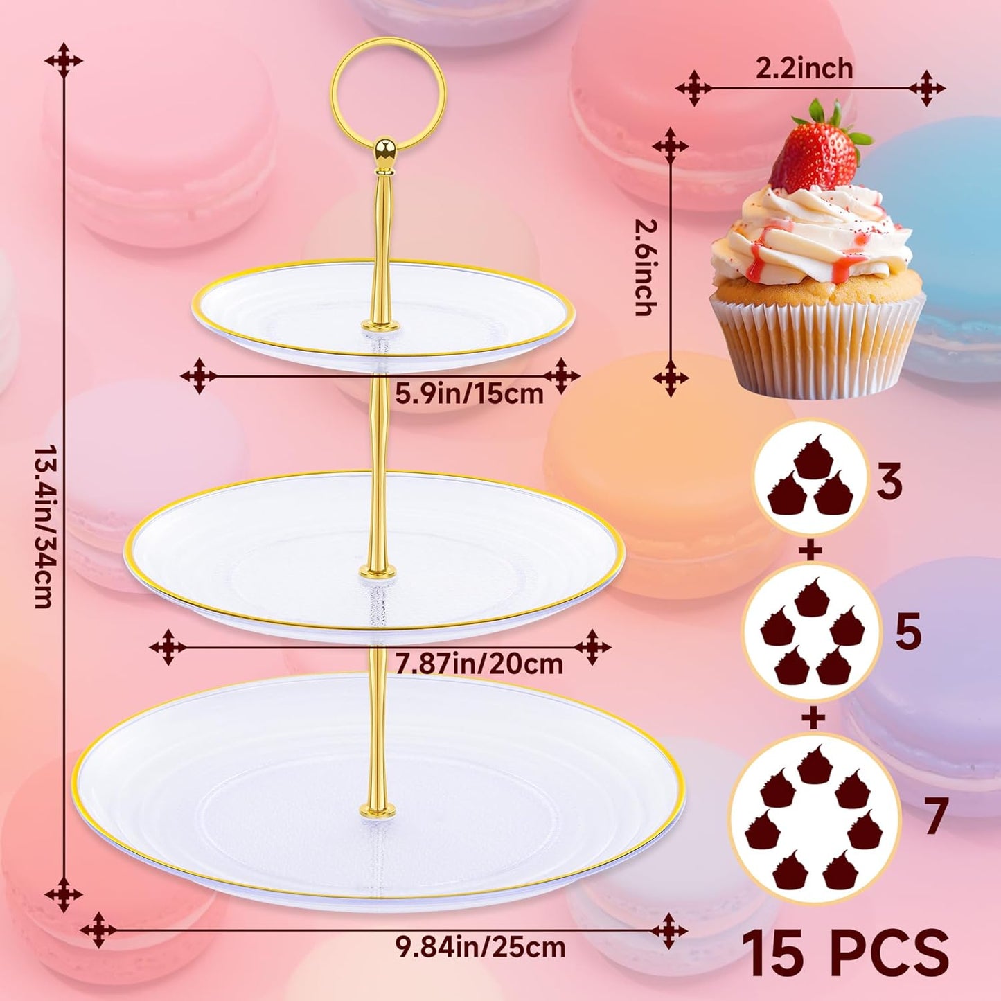 PinCute Cupcake Stand Holder - 3 Tier Cup Cake Dessert Stands, Plastic Tiered Serving Tray&Metal Rod for Birthday Party, Wedding, Tea Party, Baby Shower-Transparent