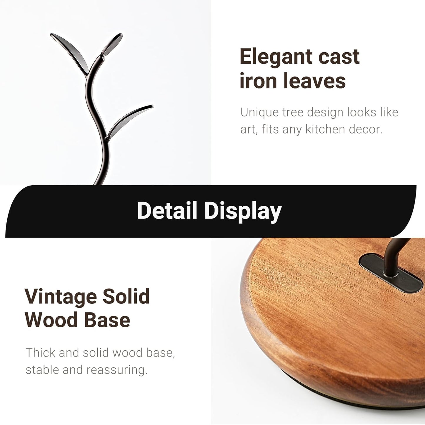 Sturdy Countertop Mug Tree with Solid Wood Base, Delicate Cast Iron Coffee Mugs Holder, Countertop Coffee Cup Holder for Large Cups, Minimalist Mug & Tea Cup Storage Rack (Set of 1)