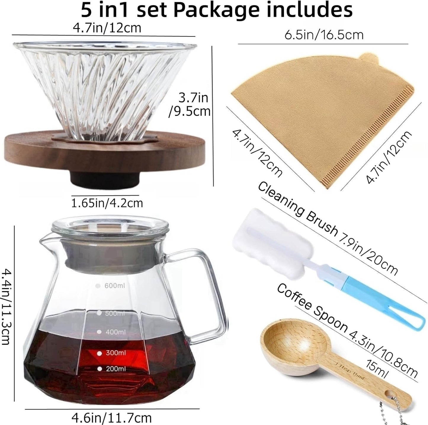 Pour Over Coffee Maker Set 20 oz, 600 ml Borosilicate Glass Coffee Server with Glass Lid, 50 pcs Paper Filter, Walnut Handle Pour Over Coffee Dripper for Home Café Restaurant, Clear