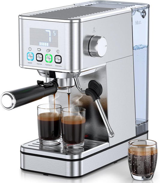 Espresso Machine 20 Bar, Stainless Compact Espresso Maker with Steam Milk Frother, 57.5OZ Water Tank, Touch Screen Indicator of Making Time, for Latte, Cappuccino, Silver (2025 updated model)