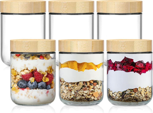 NETANY 6-pack 16oz Glass jars with Airtight Lids, Overnight Oats Containers with Bamboo Lids, Wide mouth Mason Salad jars, Glass Food Storage Containers for Snacks Yogurt Spice Sugar