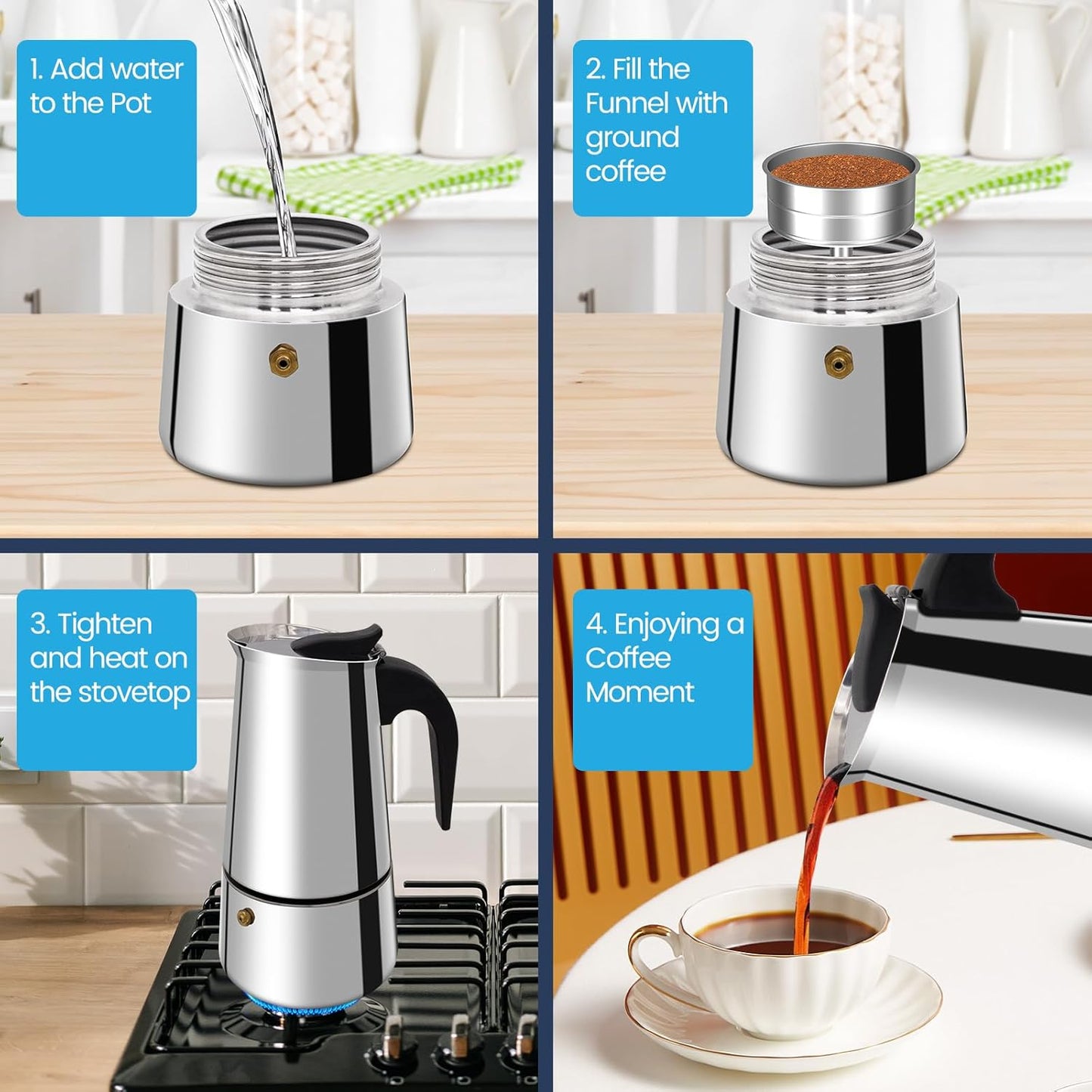 9 Cup Moka Pot Stainless Steel 450ml Italian Espresso Coffee Maker Stovetop Coffee Makers Mocha Pot Percolator Greca Coffee Maker for Induction Stove Portable for Easy Brewing Straight