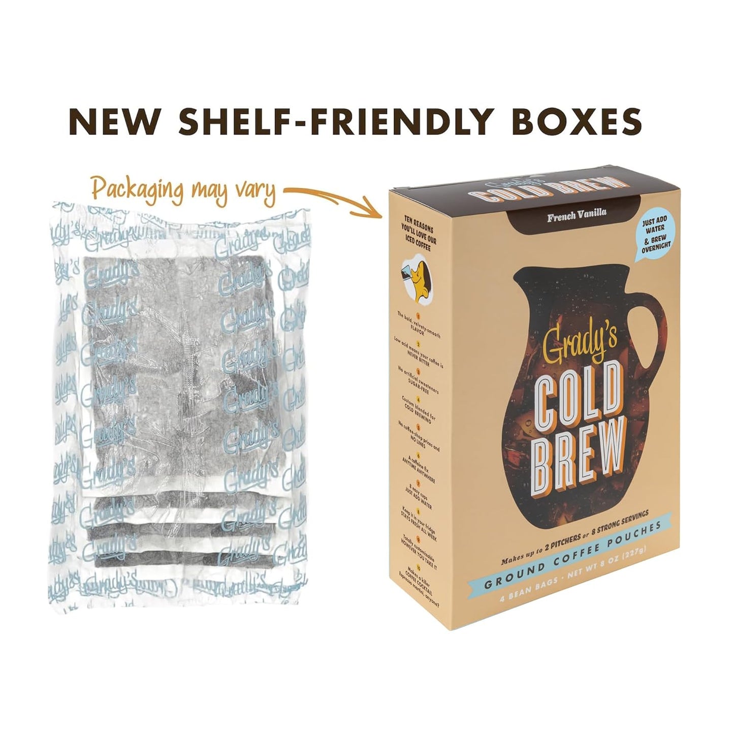 GRADY’S COLD BREW, French Vanilla, 100% Arabica Ground Coffee & Chicory Pouches, TWO Bundles of 4 Easy-to-Brew Bean Bags, Makes 24 drinks