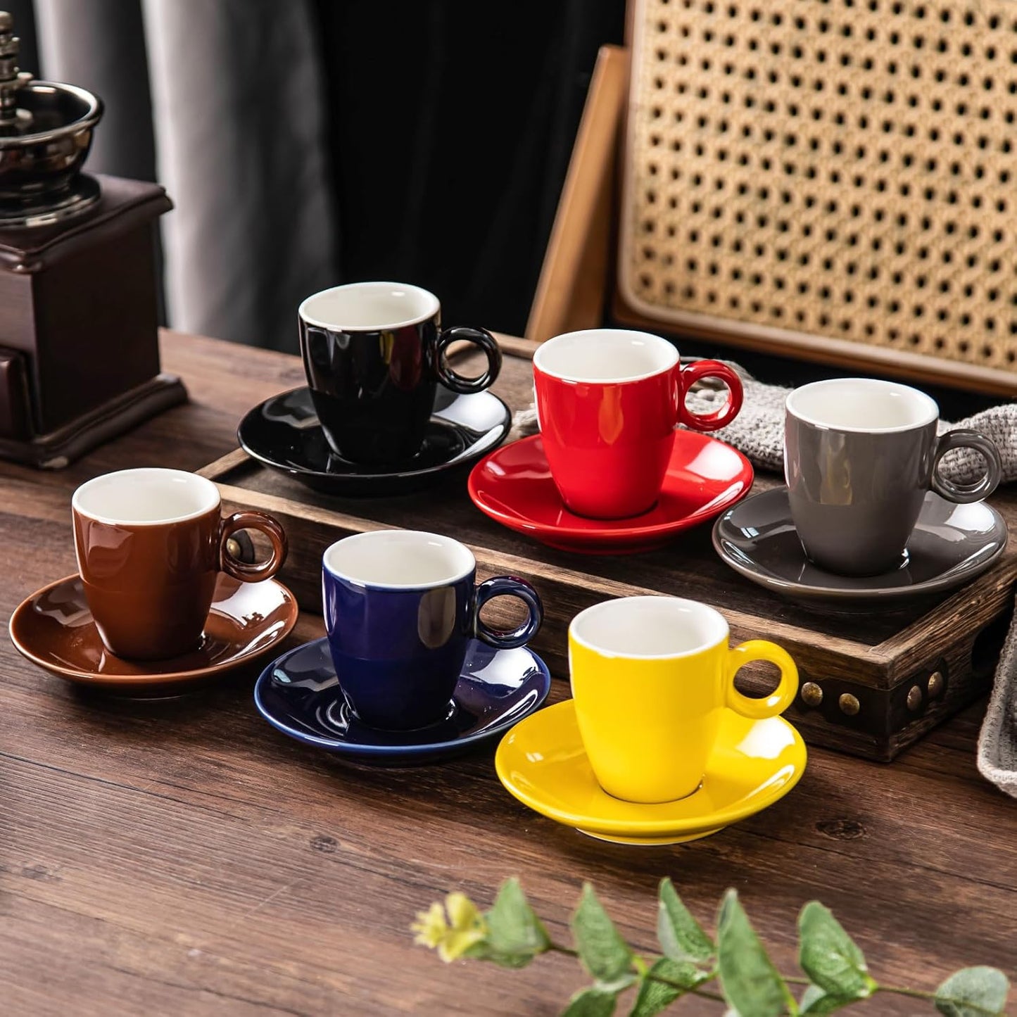 2.5oz Espresso Cups with Saucers Set, Colorful Coffee Cups Set, Ceramics Tea Cup with Handle, Coffee Mugs Set of 6, Assorted Colors