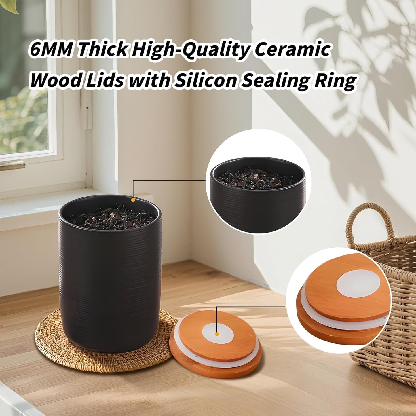 Food Storage Jar Strong Ceramic Storage Canisters with Airtight Wooden Lid,Kitchen Storage Containers for Serving Coffee Beans, Tea, Sugar, Salt, Spices (Medium black)