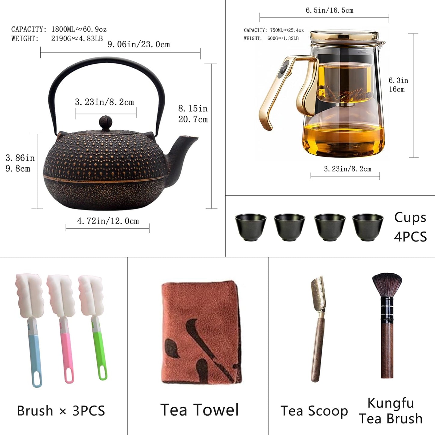 25.4oz Magnetic Glass Teapot Set with 60.9oz Cast Iron Tea Kettle for Stovetop, Small Enchanted Brewing Tea Pot, Witchcraft Magic Borosilicate Tea Set with Strainer for Loose Leaf