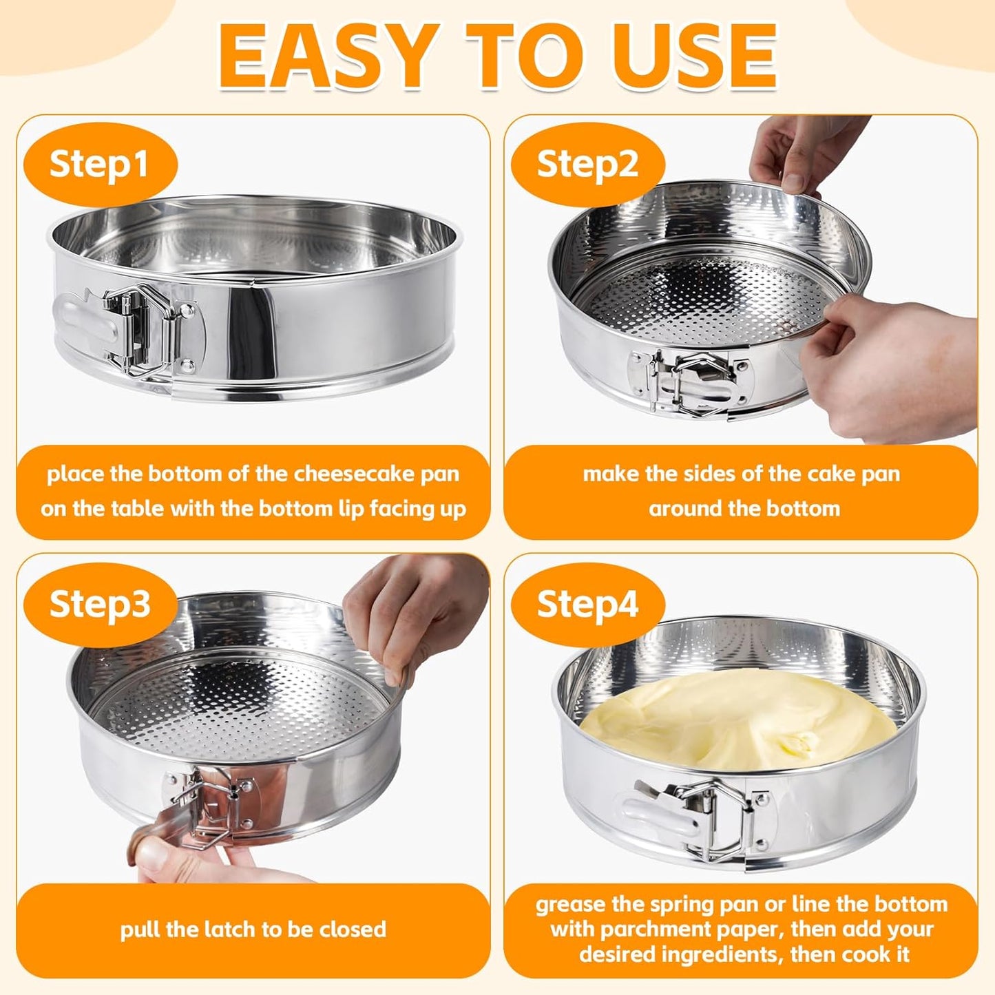 Aufind 10 Inch Springform Pan for Baking, 304 Stainless Steel Cheesecake Pan with Removable Bottom, Includes 12 Piping Tips and 50 Parchment Papers for Pie Cake Pizza and Quiches(10" Cake pan)