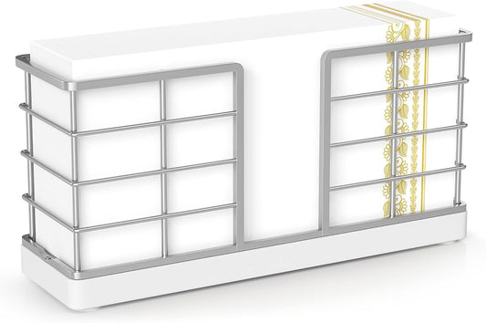 Wican Vertical Stance Bathroom Napkin Holder Takes Up Less Space for Small Guest Bathroom Oak and Iron Towel Tray for Powder Room Wooden Basket for Disposable Paper Hand Towels Silver and Matte White