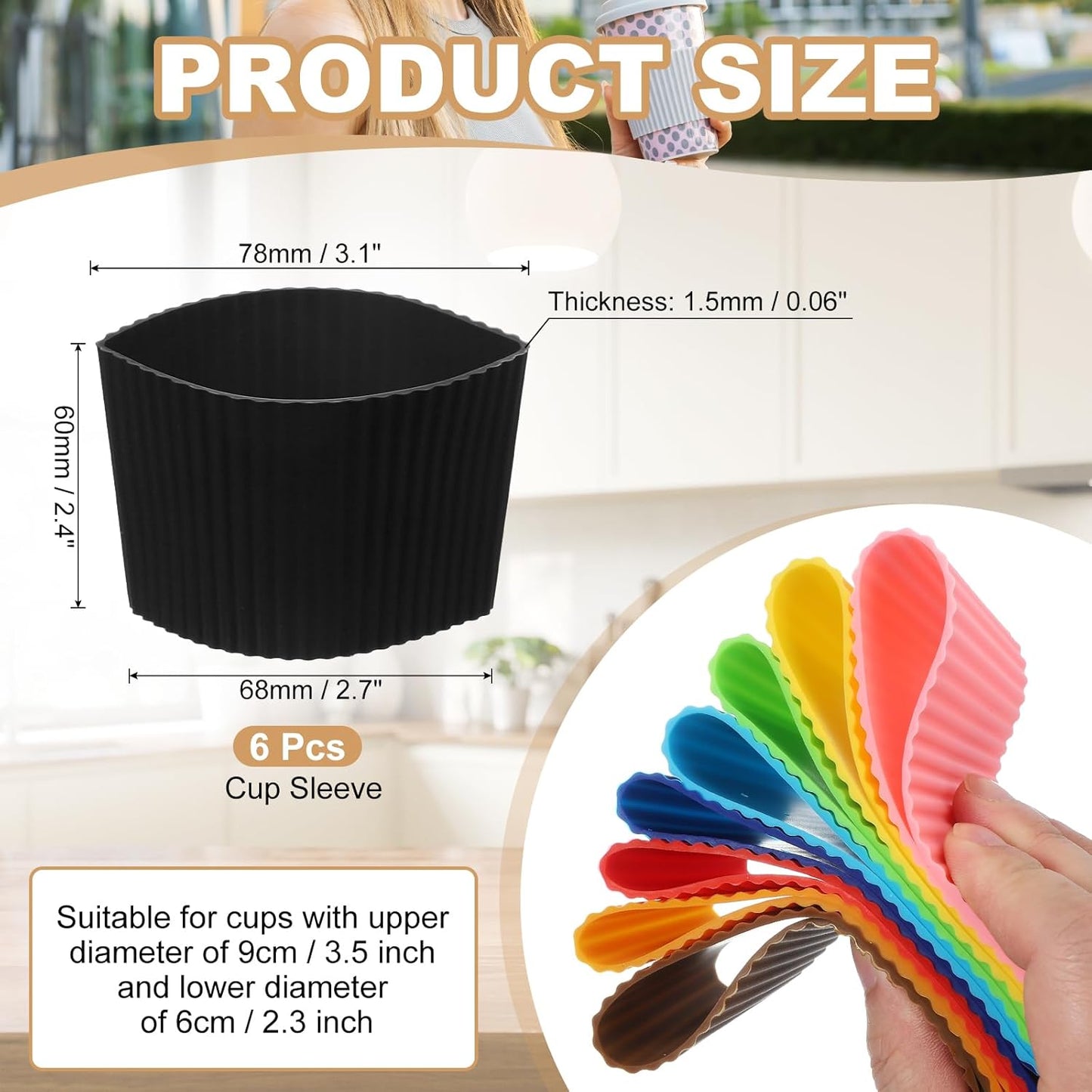 uxcell 6Pack Coffee Cup Sleeves, Reusable Silicone Heat Resistant Cup Protective Sleeve Nonslip Mug Protector Cover for Home Travel Coffee Mug Glasses Water Bottle Boots, Black