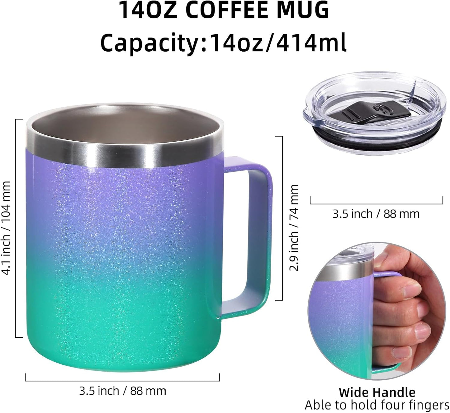 Volhoply 14oz Insulated Stainless Steel Coffee Mug with Lid Bulk 4 Pack,Double Wall Vacuum Travel Coffee Cup with Handle,Reusable Cups Tumbler,Camping Mugs Keep Hot,Ideal Gifts(Purple Green,4)