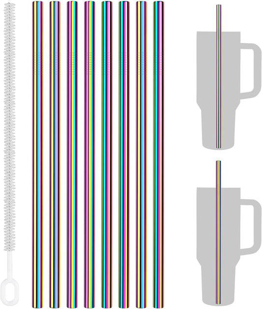 Tomorotec 8PCS Stainless Steel Straws for Stanley Tumbler 40oz, 12" Metal Straws for Stanley Cup with Brush, Reusable Drinking Straws for Smoothies, Milkshakes, Dishwasher Safe & BPA-Free (Iridescent)