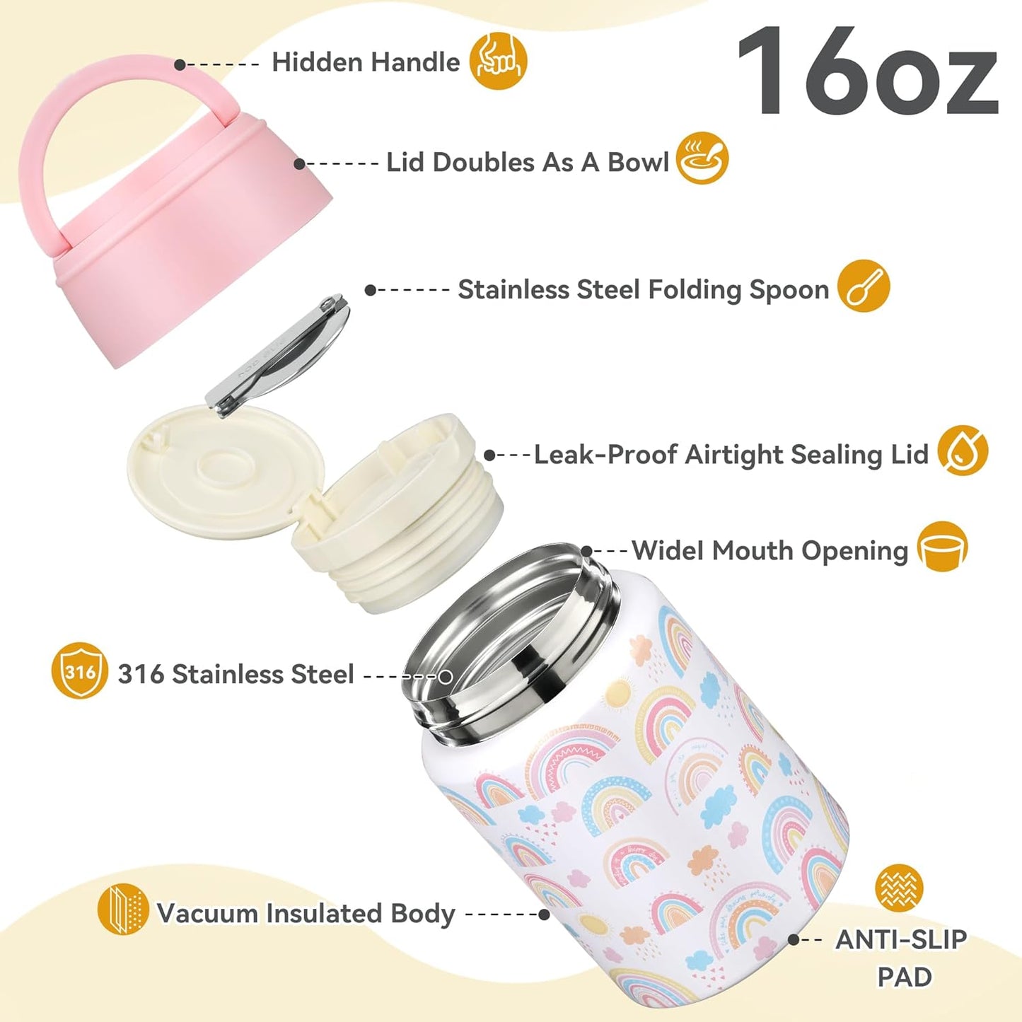 Soup Thermo for Hot Food Kids 16oz Insulated Food Jar Leakproof Thermo Lunch Container for Kids Wide-Mouth Stainless Steel Lunch Box for School with Handle Folding Spoon(3+)