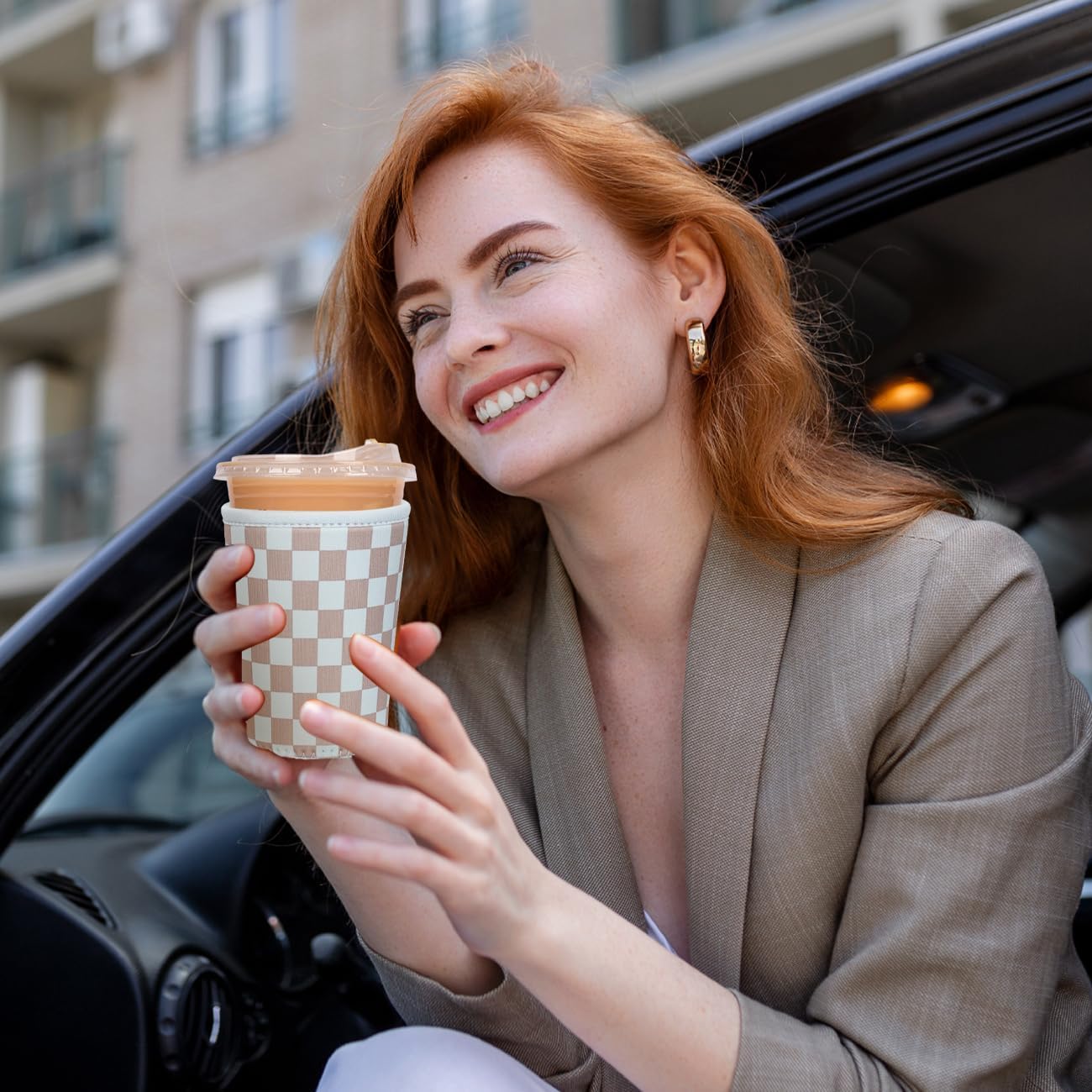 Reusable Insulated Neoprene Iced Coffee Cup Sleeve, Durable Drink Sleeve for Cold Beverages, Beverage Holder for Iced Coffee, Classic Checker