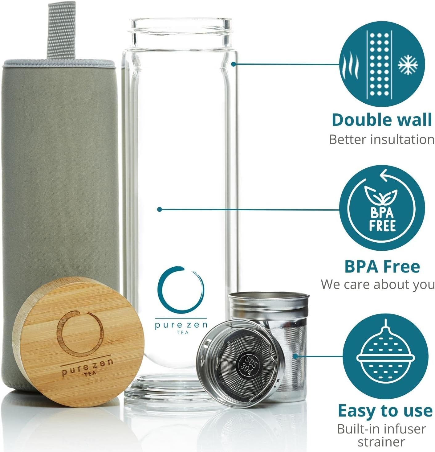 Pure Zen Tea Infuser Bottle - Insulated Glass Bottle for Loose Leaf Infusions - Tea Tumbler with Infuser - Portable Travel Mug for Infused Water - Thermos with Diffuser on the Go - 15 oz