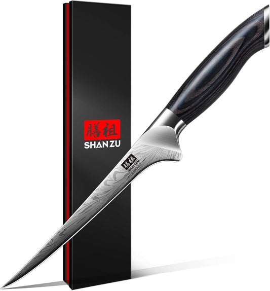 SHAN ZU Fillet Knife 7 Inch, Powder Steel Boning Knife High Carbon Japanese Filleting Knives, Ultra Sharp Deboning Knives for Meat Cutting, Fish Knive's with Ergonomic Pakkawood Handle