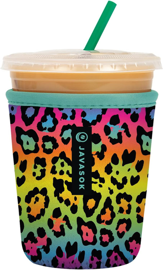 Sok It JavaSok Iced Coffee & Cold Soda Insulated Neoprene Cup Sleeve (Rainbow Leopard, Small: 16-20oz)