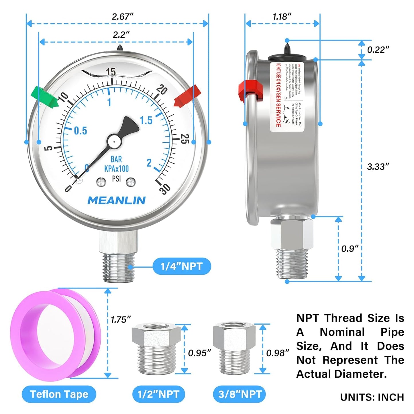 MEANLIN MEASURE 0~30Psi Stainless Steel Liquid Filled Pressure Gauge 2.5" FACE DIAL 1/4" NPT for Pool Sand Filter Water Oil Air Pressure Test Lower Mount with Stainless Steel Hex Bushing and Snaps