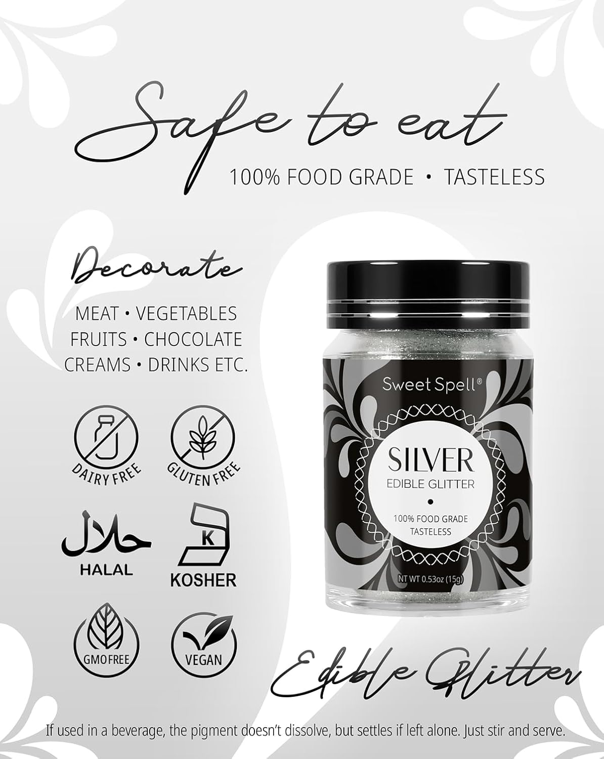 Sweet Spell Edible Glitter (15g) - Shimmer Sparkles for Drinks, Cakes, Cocktails - 100% Edible & Food Grade Glitter, Vegan, Gluten-Free (Silver)
