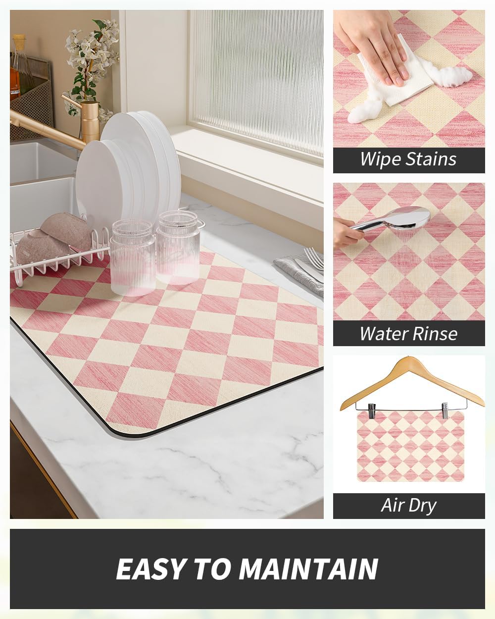 AMOAMI Coffee Mat Hide Stain Rubber Backed Absorbent Dish Drying Mat for Kitchen Counter - Fits Under Coffee Maker or Machine - PINK 17x31.5