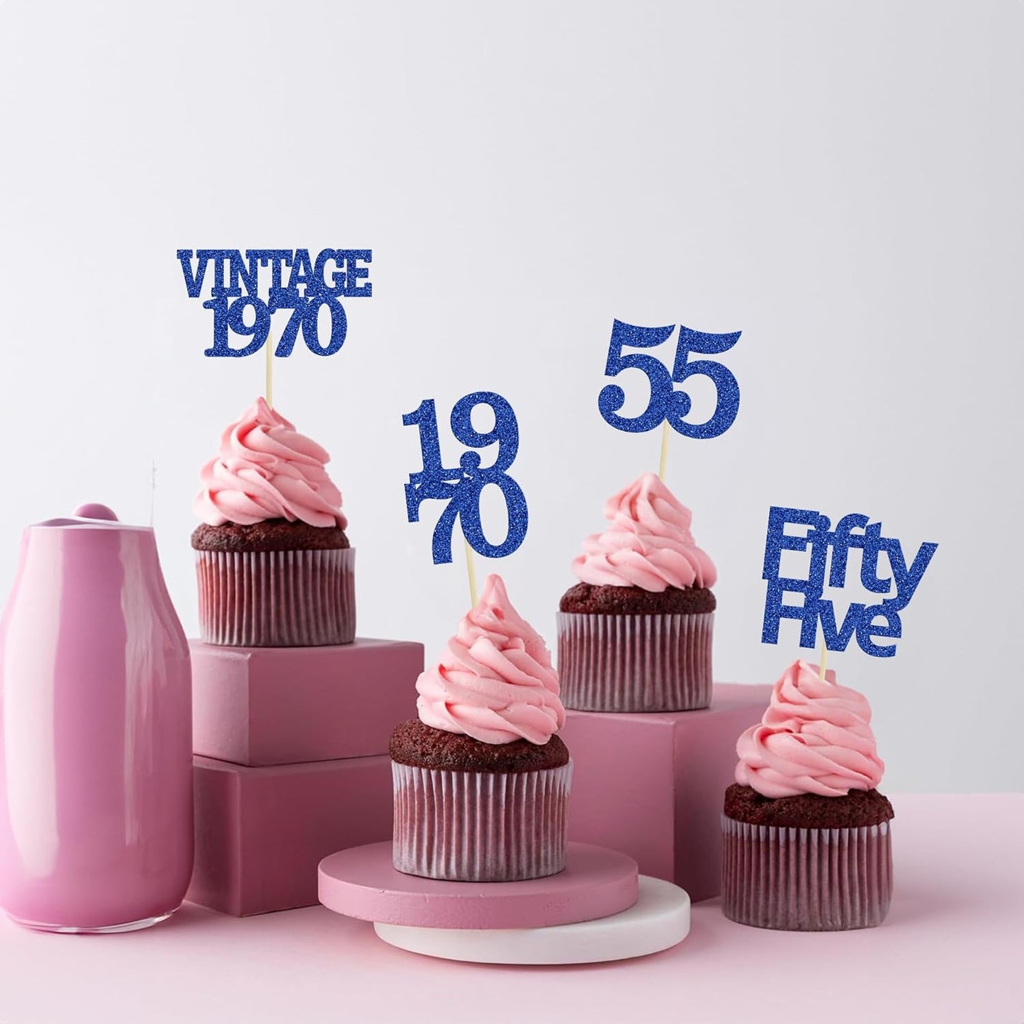 Gyufise 24Pcs Vintage 1970 Cupcake Toppers Glitter Cheers to 55 Fabulous Fifty Five Cupcake Picks 55th Birthday Wedding Anniversary Party Cake Decorations Supplies Deep Blue