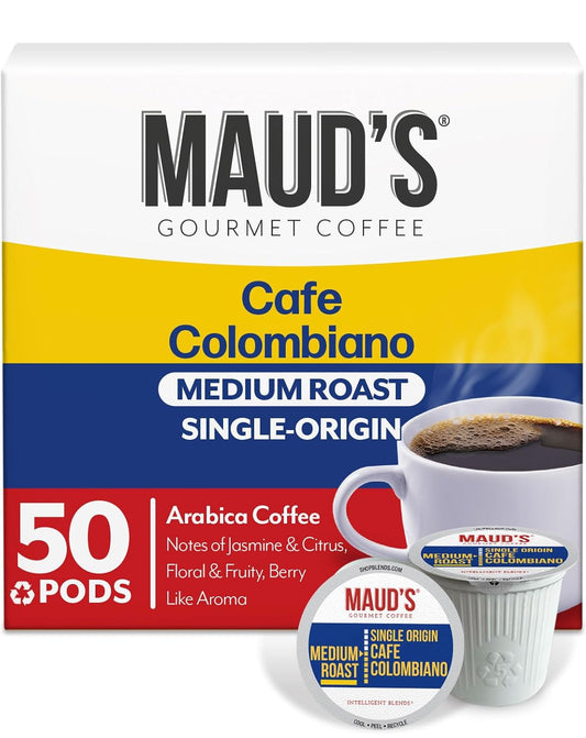 Maud's Columbian Coffee Pods, 50 ct, Single Origin, Medium Roast Coffee in Recyclable Single Serve Pods – 100% Arabica Coffee, Compatible with Keurig K Cups Maker