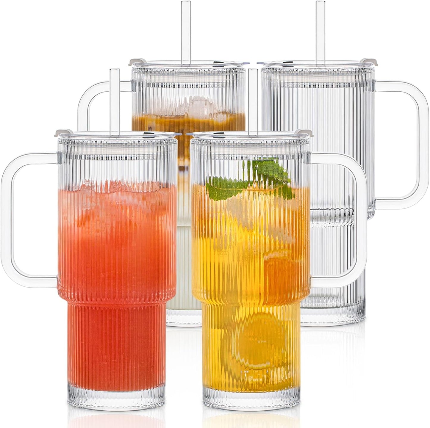 INSETLAN 26oz Ribbed Glass Tumbler with Handle & Lid – 4-Pack Large Iced Coffee Cups with Straws, Modern Glass Mug for Cold & Hot Beverages, Aesthetic Travel Cup for Smoothies, Tea, and Juice