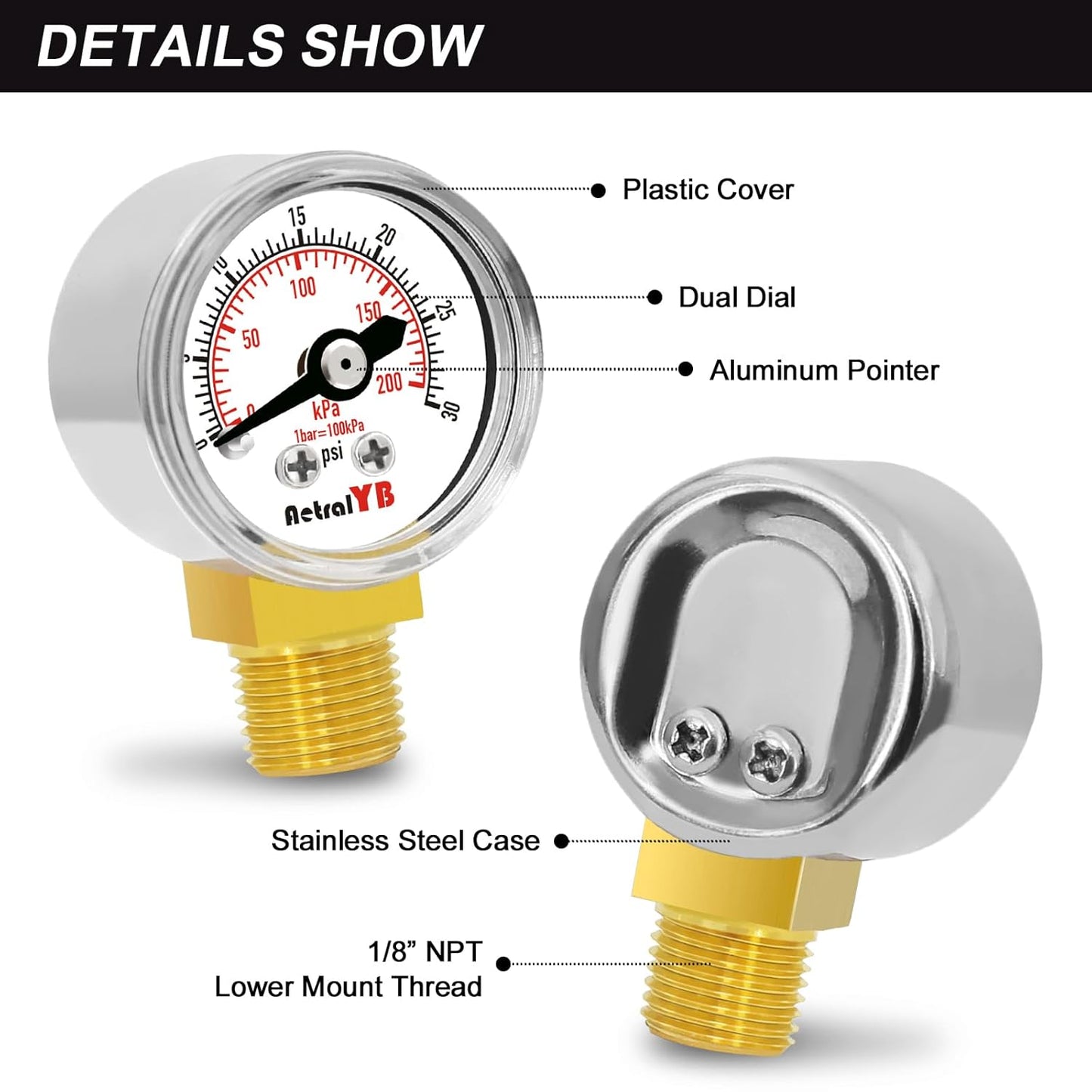 1-Inch Mini Pressure Gauge, 0-30 PSI / 0-200 kPa, Compact Dual-Scale Gauge, 1/8” NPT Bottom Mount, Stainless Steel Case for Coffee Machines, Airbrush Systems, Sprayers, and Pneumatic Tools