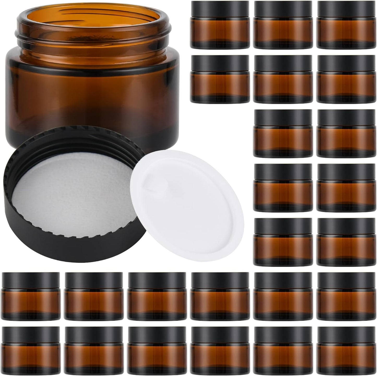 Glass Jars with Lids,Eco-Friendly Cosmetic Containers with Airtight Black Lids & Liners, Multi-Color Options for Cream, Lotion, Body Butter, DIY Skincare Travel Jars (Amber, 2oz)