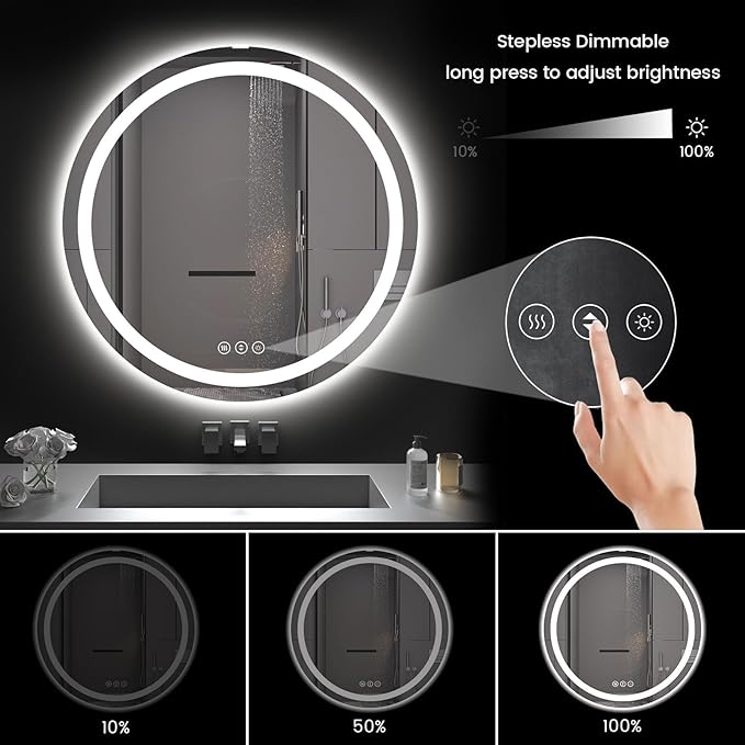 Round LED Bathroom Mirror with Lights, Backlit & Front Lighted, Wall-Mounted - Image 3