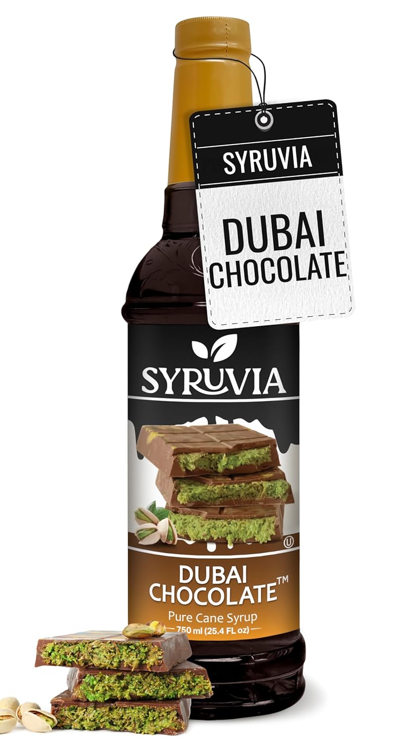 Syruvia Dubai Chocolate Coffee Syrup - 25.4 fl oz - Kosher Syrups, Gluten Free, No Coloring, Perfect for Drinks, Soda, Shakes, Desserts, and More.