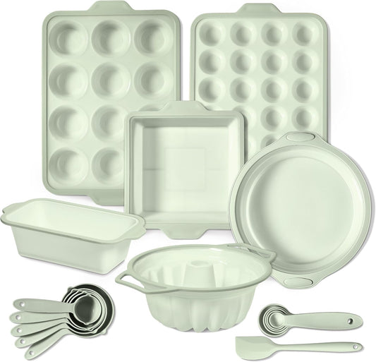 COOK WITH COLOR 17 Pc. Silicone Baking Pan Set - Non-Stick & Easy Clean Silicone Muffin Pans for Baking with Sturdy Metal Frame for Stability, Flexible Cake Molds, Includes Measuring Cups and Spoons