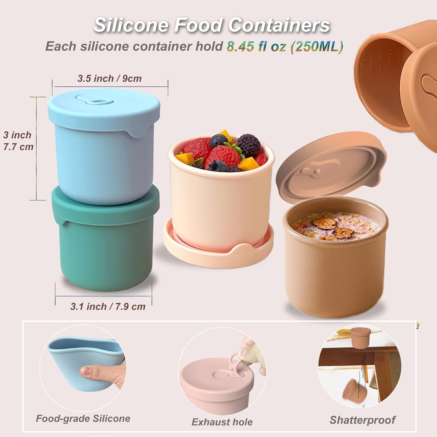 8.5oz Silicone Snack Containers for Kids, Reusable Small Containers with Airtight Lids, Silicone Baby Food Storage Jars, Freezer, Microwave and Dishwasher Safe, Perfect for Infant & Toddler - 4 Pack