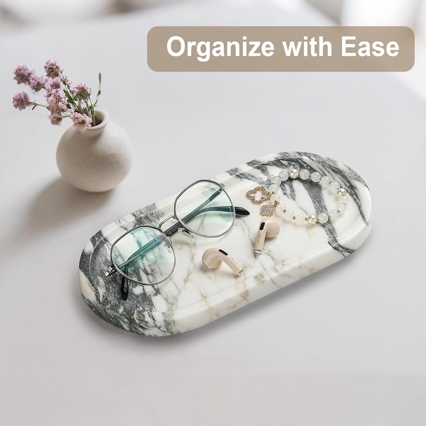 Natural Marble Vanity Tray - Moujings Genuine Marble Perfume Tray for Bathroom Decor, Stone Bathroom Vanity Organizer Tray for Kitchen Counter, Candles, Jewelry, Coffee, Makeup, Key